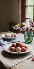 Easter eggs on rustic table with cherry blossoms