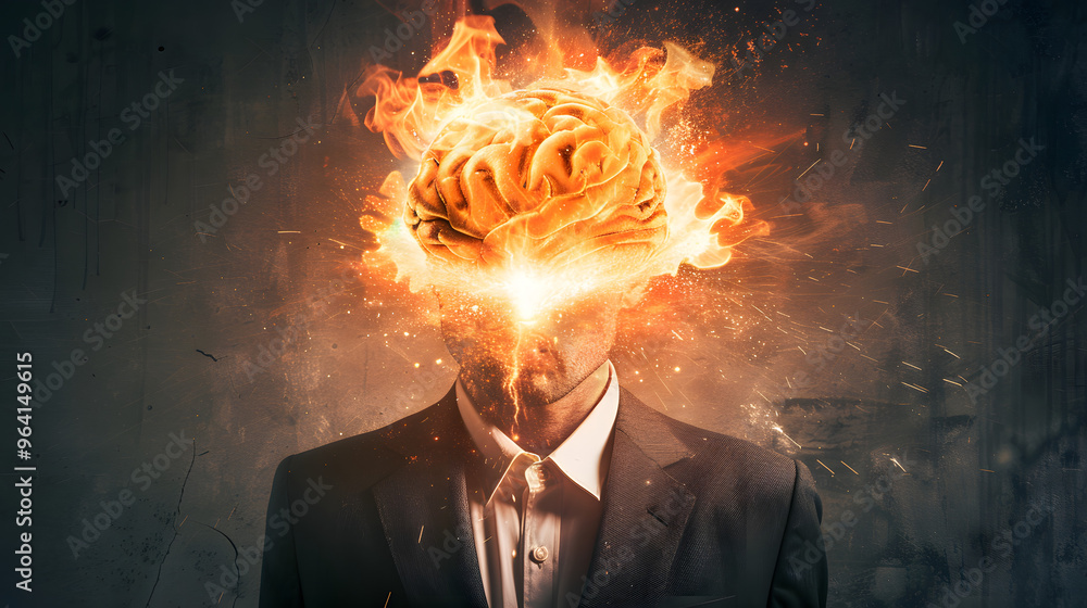 Poster a politician with an exploding head and symbolizing the concept of stress and mental health in a gov