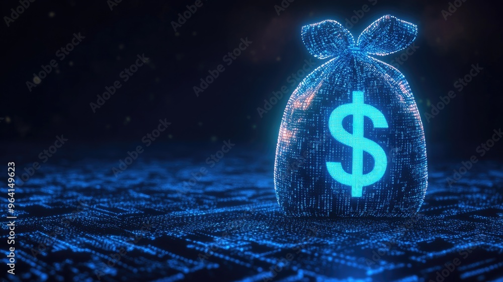 Poster a futuristic digital blue moneybag with a glowing dollar sign, wrapped in binary code, representing 