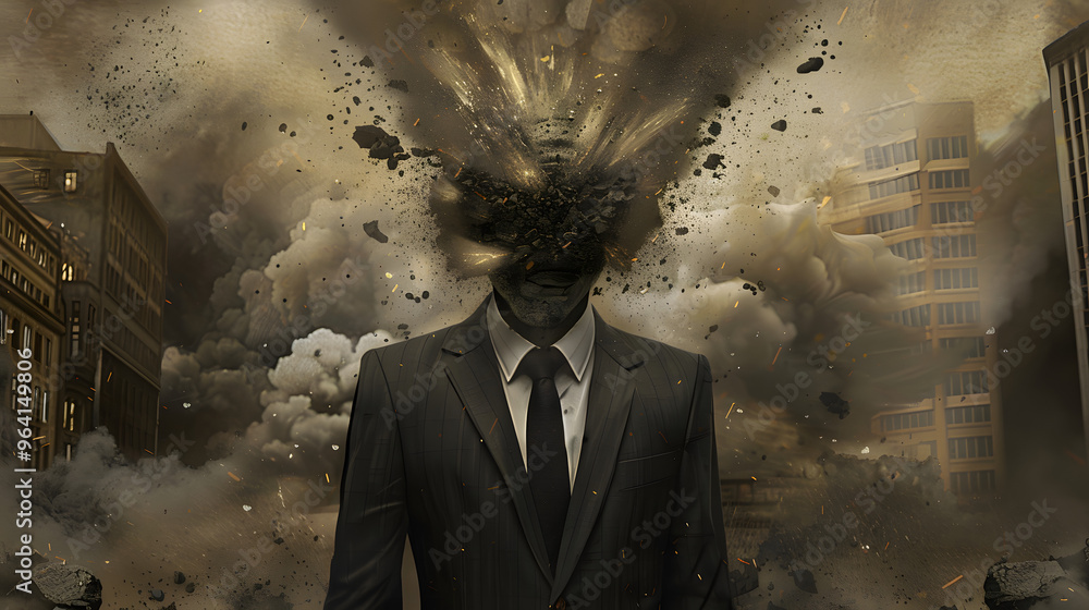 Poster a politician with an exploding head and symbolizing the concept of stress and mental health in a gov
