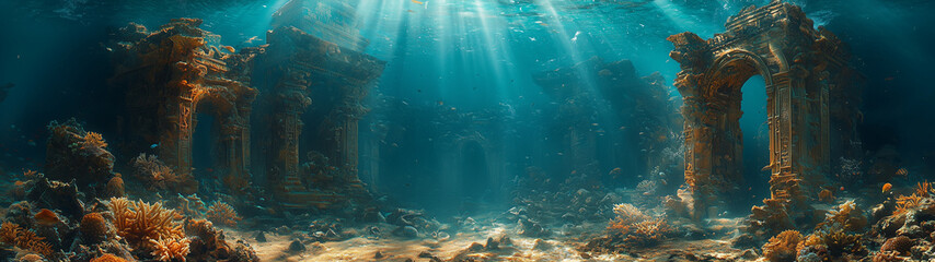 Obraz premium A submerged ancient city, with towering ruins covered in coral and illuminated by shafts of sunlight filtering through the water.
