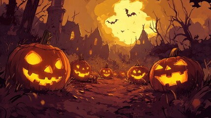 Group of carved pumpkins in a cemetery field and dark forest. Halloween pumpkins are lit by candlelight during the full moon at night.