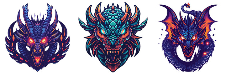 Fototapeta premium Set of fierce dragon with intricate scales and glowing eyes logo isolated on a transparent background