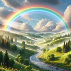 Obraz premium Stunning rainbow arches over a lush valley with a meandering river, surrounded by green hills and forests. The vivid colors and serene landscape evoke a sense of peace and wonder, ideal for nature and