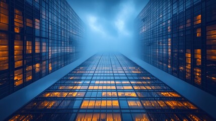 A dramatic perspective of skyscrapers under a cloudy sky.