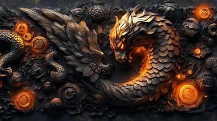 3D Embossed Ancient Symbolic Art with Mythical Creatures and Mystical Glyphs