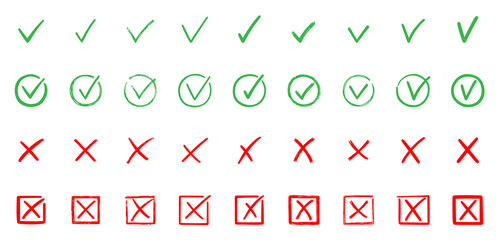 Check marks doodle set. Checkbox, checklist, tick and cross signs, v and x in sketch style. Hand drawn vector illustration isolated on white background