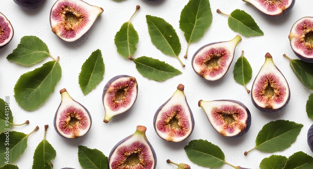 Wall mural fresh figs with green leaves on white background. top view flat lay