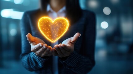 Compassionate Business Decisions - Businesswoman Holding Glowing Heart Symbol | Copy Space for Text