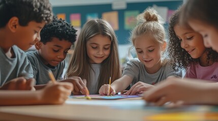 A group of elementary students working together on a creative art project in an engaging school environment