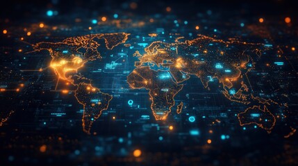 Fototapeta premium Digital world map with glowing connections and data visualization.
