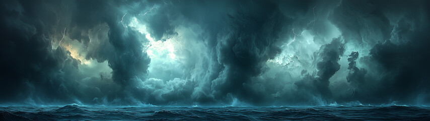 A cinematic view of a thunderstorm over the ocean, with dark, towering clouds and soft flashes of lightning illuminating the horizon. The scene is smooth and atmospheric, with a focus on mood and dept