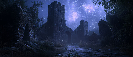 A smooth cinematic shot of ancient castle ruins under a dark, starry sky. The stone walls are crumbling, and the atmosphere is eerie yet serene, with smooth, soft shadows.