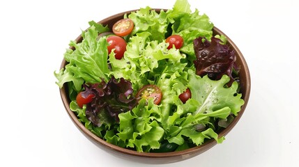 A fresh green salad with various vegetables in a bowl on a solid white background.