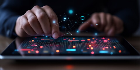 New age of data manipulation. hand data visualization in operation. 3D data science and visual management design concept. Abstract background. Hand edited, generative AI based. generative AI based.