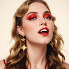Fototapeta premium Portrait of woman with bright red makeup with star earrings