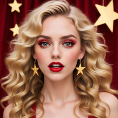 Fototapeta premium Portrait of woman with bright red makeup with star earrings