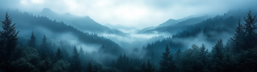 A smooth view of misty mountains as the sun sets behind them, casting dark, soft shadows over the landscape. The fog and the fading light create a cinematic, atmospheric mood.