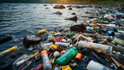 Pollution on the river. Garbage and trash around and in the water. Pullated enviroment