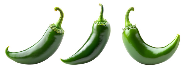 Fresh green jalapeno peppers isolated on white background for spicy vegetable and culinary ingredient concept, Cutout, Isolated on White Background