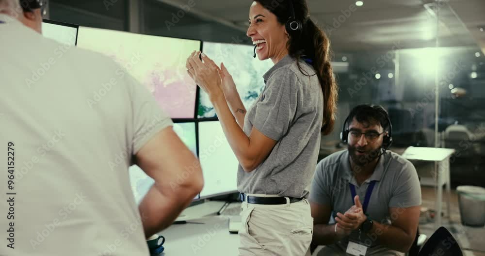 Aufkleber success, launch and mission control with people in data room for space exploration, engineering inno