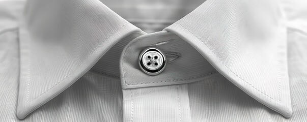 Close up of a white dress shirt collar with a single button. The button is black with white stitching, and the collar is crisp and clean.