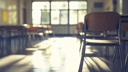 Empty Classroom Chairs with Sunlight Streaming Through Windows.