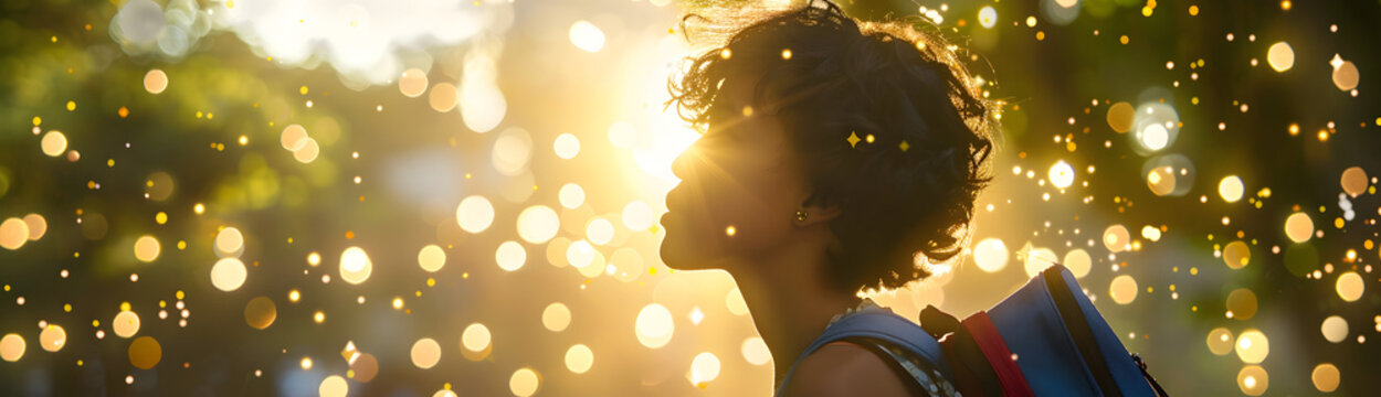 A schoolgirl with a pixie haircut wanders through a city park. British scenery. Golden hour. Fairy lights strung on trees. 