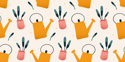 Seamless pattern with doodle plant in pot and watering can. Cute growing flower in planter and garden tool. Hand drawn spring seamless pattern with watering can and leaves, vector illustration