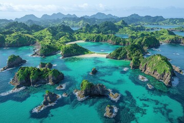 Aerial View of Pristine Tropical Islands with Turquoise Waters - A breathtaking aerial view of lush green tropical islands surrounded by crystal-clear turquoise waters, showcasing stunning natural bea