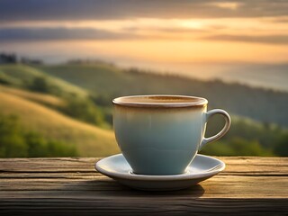 High dynamic range HDR photography of a realistic and professionally shot, elegantly styled, close-up image of a solitary, empty, ceramic coffee cup with a smooth, rounded rim and a subtle hint