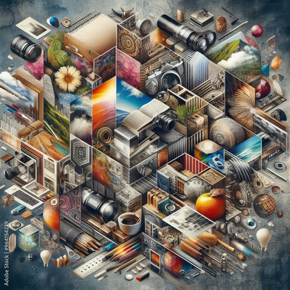 Poster a visually striking collage featuring an intricate assembly of various artistic elements such as cam