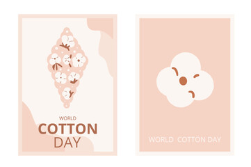 World cotton day greeting cards templates set. Ripe cotton bolls emblems collection. Purity, innocence, and new beginnings symbols. Vector illustration.