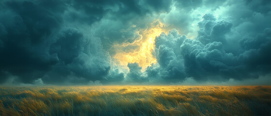 Cinematic thunderclouds rolling over a vast prairie, with tall grass swaying in the wind as the storm approaches.