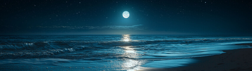 A tranquil moonlit beach with the moon's reflection shimmering across the still waters, and a sky full of stars above.