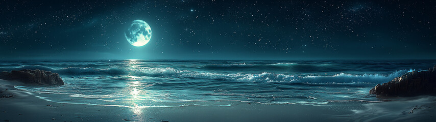 A tranquil moonlit beach with the moon's reflection shimmering across the still waters, and a sky full of stars above.