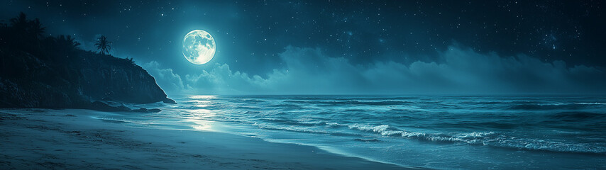 A tranquil moonlit beach with the moon's reflection shimmering across the still waters, and a sky full of stars above.