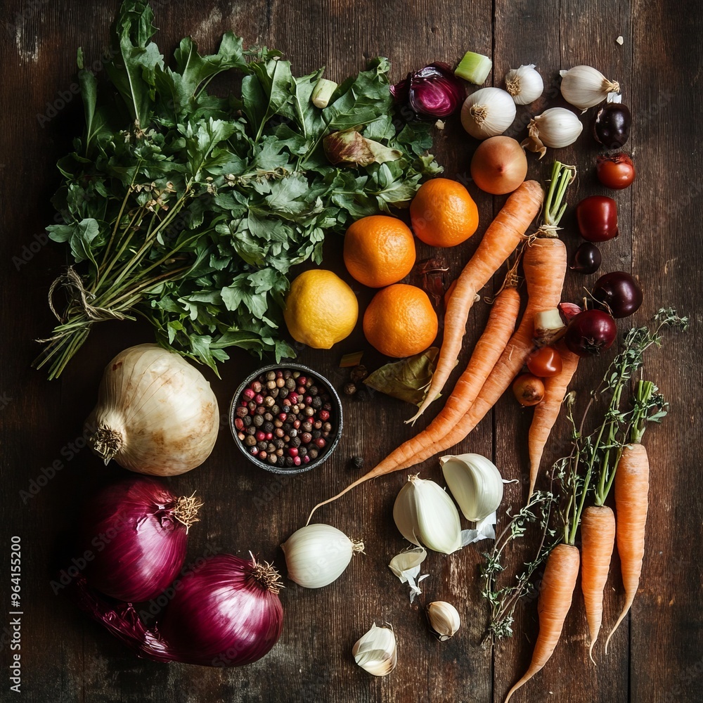 Poster Fresh vegetables and spices on a wooden surface.