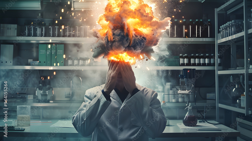 Poster a scientist with an exploding head and symbolizing the concept of stress and mental health in a rese
