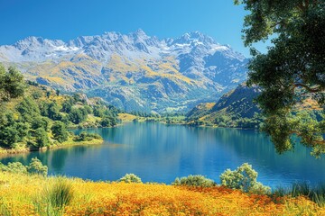 Naklejka premium Majestic Mountain Lake with Vibrant Wildflowers - A stunning view of a clear mountain lake surrounded by wildflowers, lush greenery, and towering peaks under a bright blue sky.