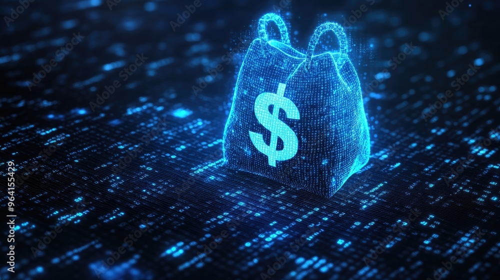 Poster a glowing blue digital moneybag with a prominent dollar icon surrounded by binary code, symbolizing 