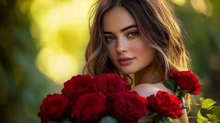 Naklejka premium A beautiful woman with vibrant roses in her arms. She smiles softly while surrounded by lush greenery. This portrait captures elegance and natural beauty.