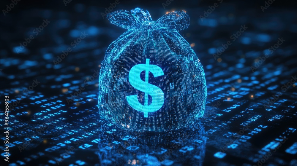 Poster a glowing blue digital moneybag with a prominent dollar icon surrounded by binary code, symbolizing 