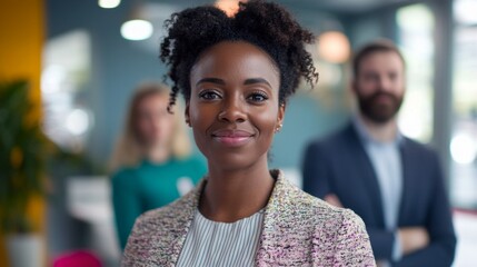 Professional group portrait in an office setting. A confident woman stands in front of her colleagues. This image showcases teamwork and modern workplace vibes. Ideal for business use. AI