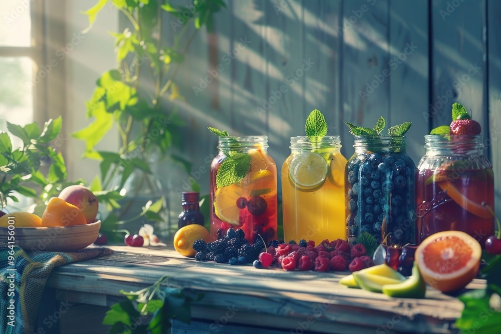 Poster a table with several jars of fruit juice and a bowl of fruit. the jars are filled with different typ