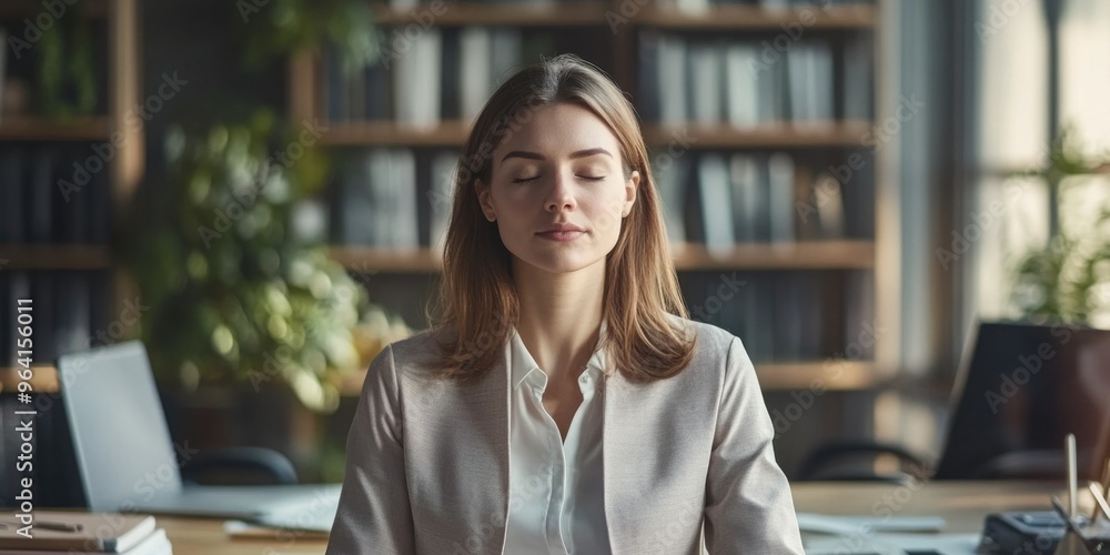 Wall mural a woman is sitting at a desk with a laptop and a book. she is wearing a white shirt and a jacket. th