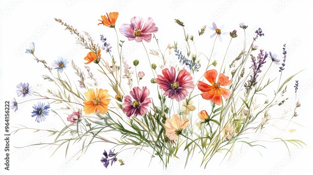 Poster a colorful field of flowers with a white background. the flowers are of various colors and sizes, an