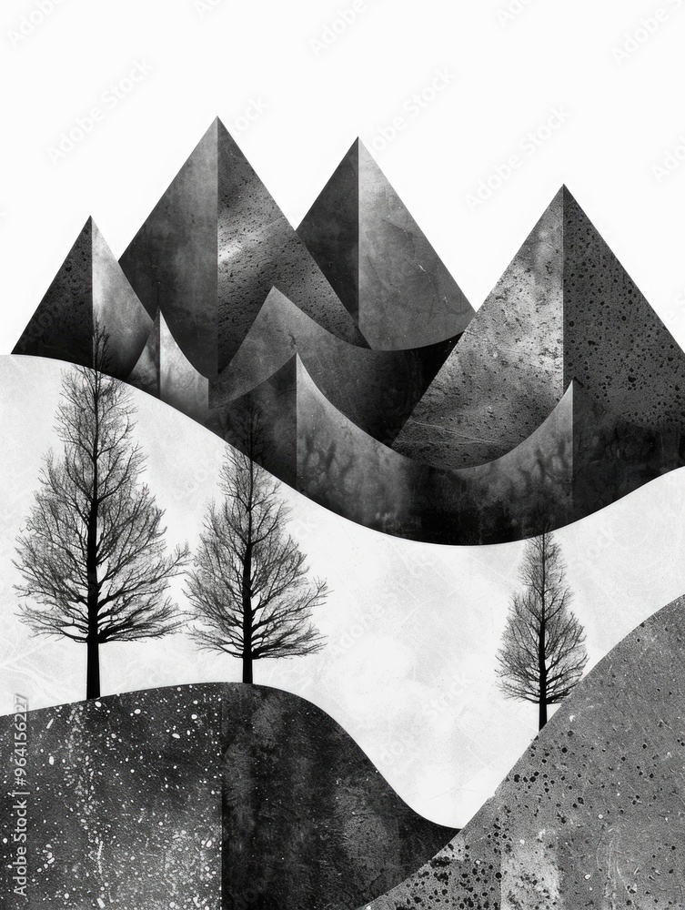 Aufkleber a mountain range with three trees in the foreground. the trees are bare and the mountains are covere