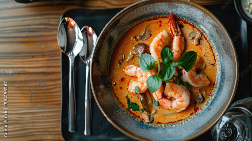 Poster a bowl of shrimp soup with a garnish of parsley. the soup is red and has a creamy texture. the spoon