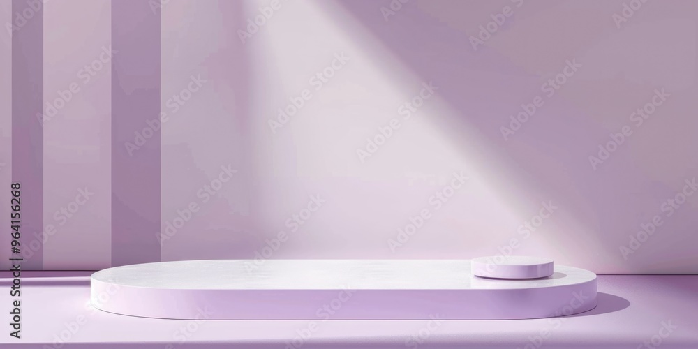 Poster a white and purple stage with a light shining on it. the stage is empty and the light is casting sha